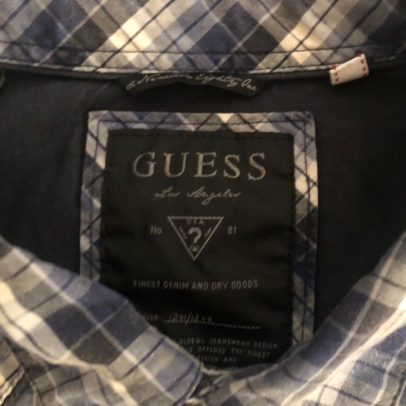 Guess 1981 Los Angeles Western Plaid Shirt Sz. L Pearl Snap Blue Chest Pockets - Picture 5 of 7